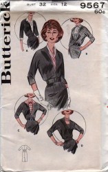 9567 BUTTERICK 1960 MS BONUS BASIC SHEATH V-DRESS VARIATIONS, DICKEY PATTERN 12